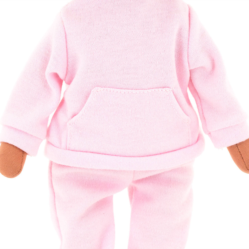 Haakpakket: Pale Pink, Roze trainingspak en halflang krullend gehaakt blond haar